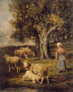 A Shepherdess and Sheep in a Barbizon Landscape